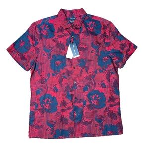 Perry Ellis Red Linen Floral Short Sleeve Collar Button Dress Shirt NWT Medium